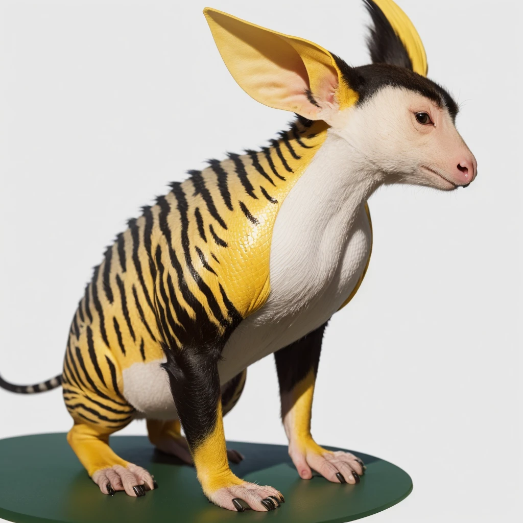 Animaly, white and yellows colour skins, has scales, his body is shaped like a Tapirs but his face is like a monkey and Puffin, silver colour skins, Grassroots background