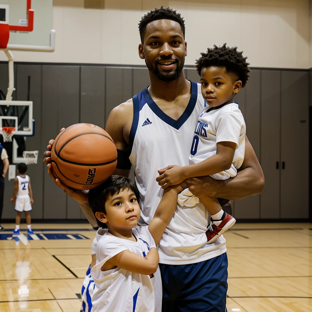 father and  son holding a basketball