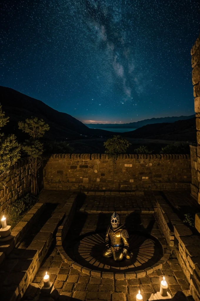 Noche con estrellas, con guerreros muertos en el piso