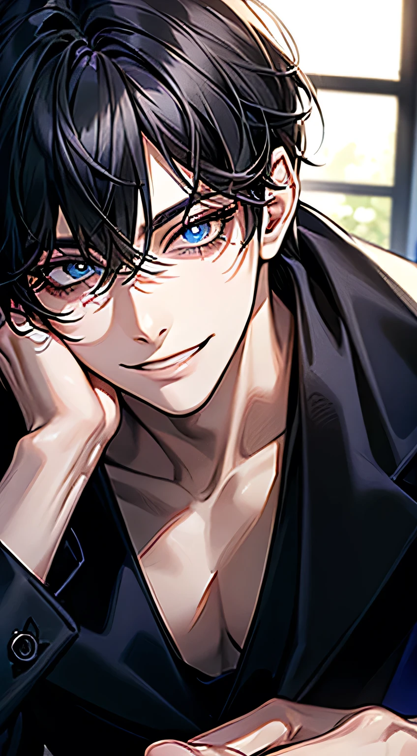 Men's,short detailed hair,black colored hair,(Eye 1:2,Clear eyes,Elaborate Eyes,Delicate pupils,Good eyes,eye detailed),Face Focus,Adult,In black clothes,best qualtiy,facial detailing,Classroom,sit on desk,sitting in the couch,lazy,Detailed background,diffuse sunlight,depth of fields,Studying Smiling at your desk , (((blue eyes))) , ((tricky glance)) , ((A Mysterious Look)), (((closed mouth))), ((grin)), the villain