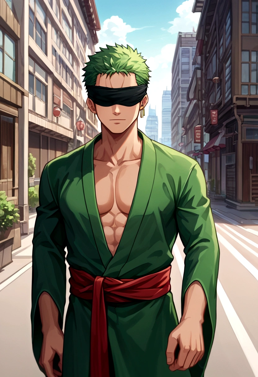 score_9, score_8_up, score_7_up, BREAK, source_anime, 1boy, roronoa zoro, looking at viewer, standing, outdoors, city street, solo, male focus, japanese clothes, green kimono, wide sleeves, red sash, single earring, roronoazoro, (blindfold, covered eyes, blindfold across eye, eye patch), , anime screenshot, anime screencap, anime coloring, dramatic composition, cinematic lighting, (masterpiece, best quality, Professional, perfect composition, very aesthetic, absurdres, ultra-detailed, intricate details:1.3)