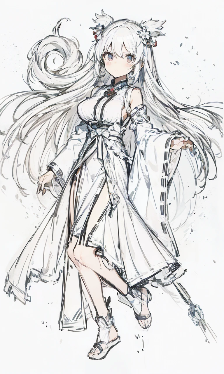 miko dress,big chest,white hair,full body