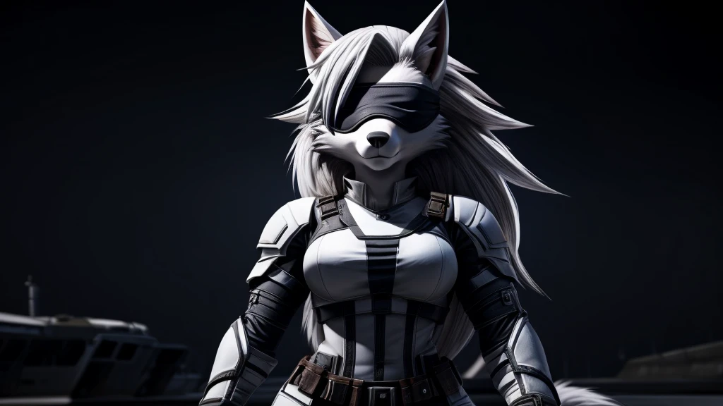 Loona from Helluva Boss, female white wolf, short white hair, blindfold, white combat military armor suit, adult, muscular, standing, dark lighting, extremely detailed, solo, beautiful, high quality, 4K