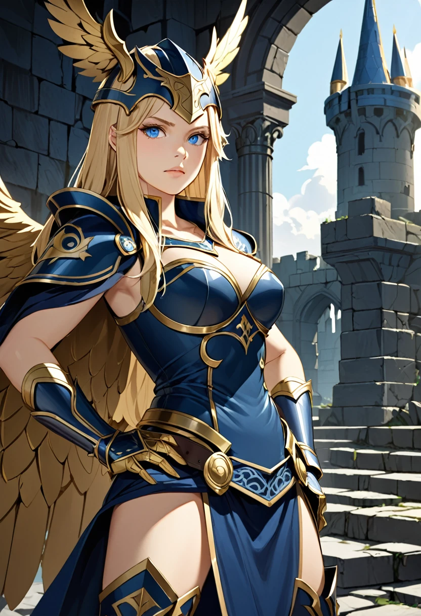 a blonde Asgardian heroine. She wears dark blue armor, gold trim, (((Norse helm with gold wings))), armored glove, deep v neck. stern expression. blond hair, long hair, blue eyes, (detailed eyes, detailed face), detailed hands, pretty face, round cheeks, soft face. heavy gauntlet covers one hand, armoured boots. Show her in a heroic pose with hands on her hips. castle ruins background. volumetric lighting , (highres:1.3), deep shadow and bright highlights, cinematic,