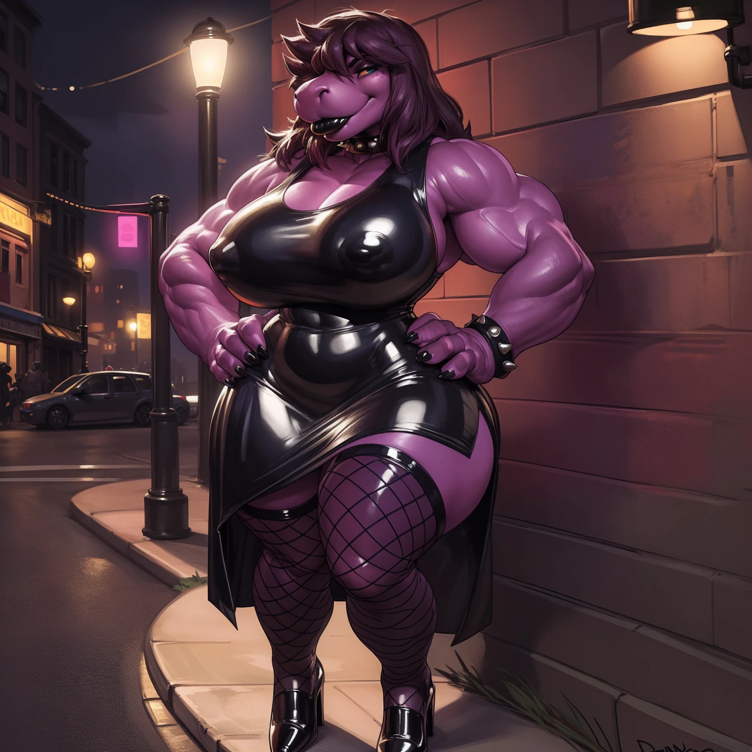 solo, 1girl, susie, susie deltarune, female, milf, older, (huge breasts:1.1), (hyper hips), (big bottom lip:1.3), (black lip gloss:1.3), black leather collar, bimbo, prostitute, blue eyeshadow, curvy, voluptuous, hourglass figure, (black dress:1.3), (black latex dress:1.6), (thighs exposed), (nipple outline:0.8), (hyper hips), (muscular thighs:1.2), (black pumps:1.4), (fishnet stockings:1.3), (street corner:1.4), hands on hips, late night, street light, standing upright, seductive smile, very tall, sharp detail, crisp detail, looking at viewer, by darkgem, by kevinsano, by BNG,