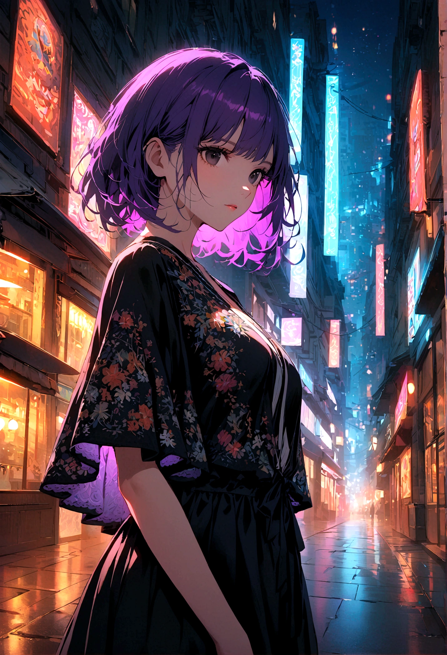 A woman with long purple hair and black eyes in a vacation outfit stands alone in the middle of the city at night.