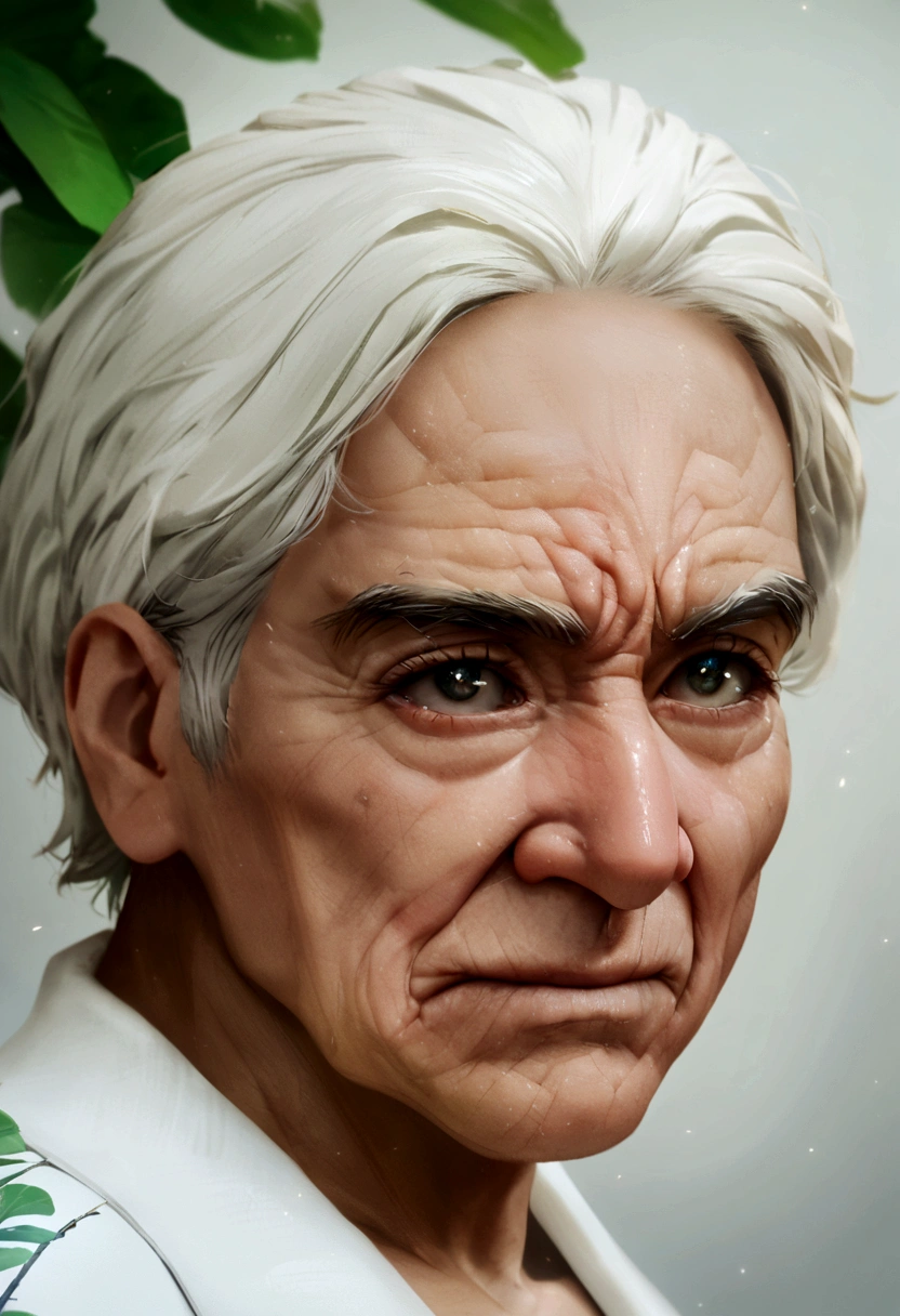 Un abuelito anime con piel blanca y pelo blanco con ojos color verdes