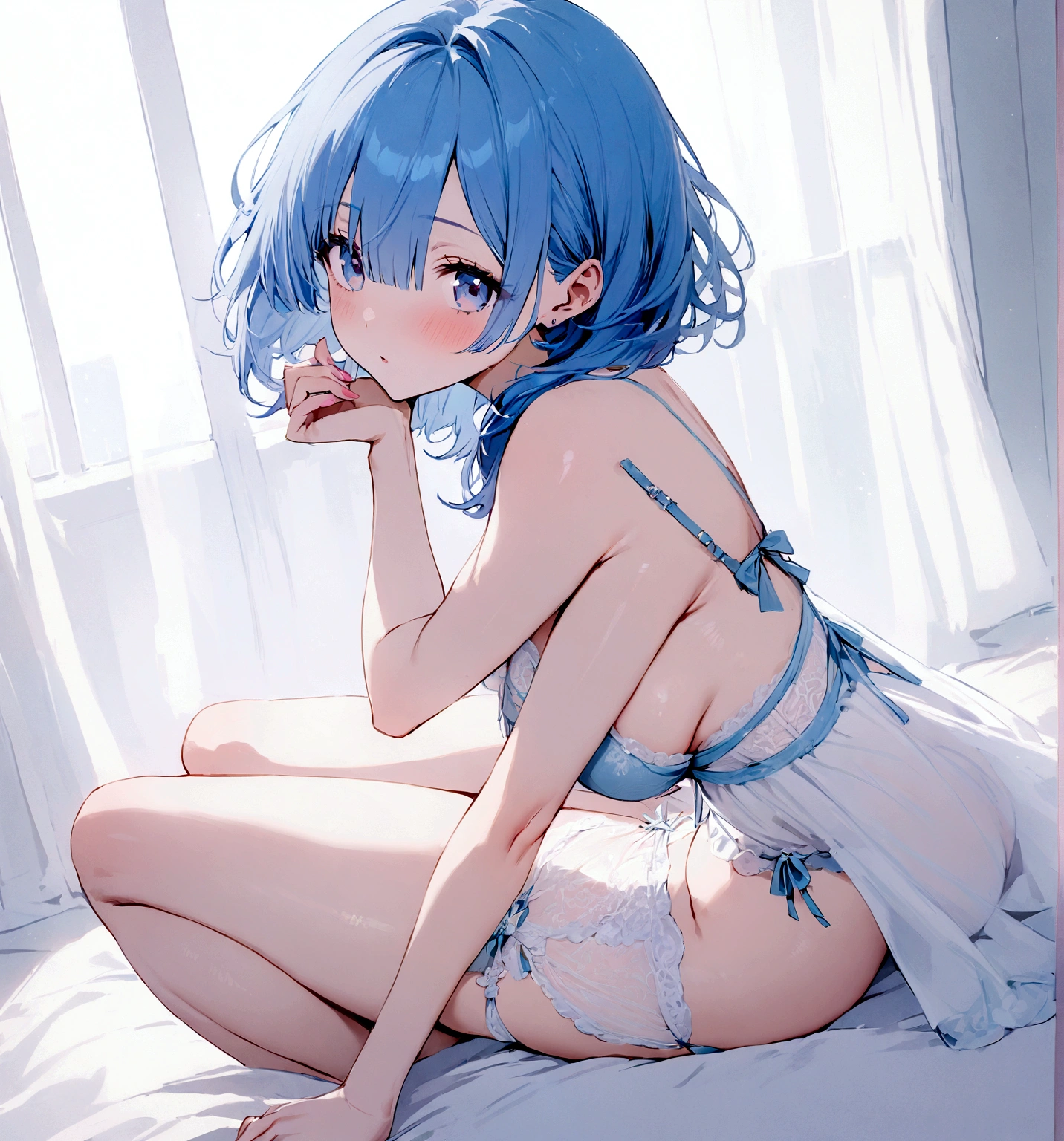 masterpiece, Highest quality, Rem, One girl, lingerie,Beautiful eyes,Blue Hair,whole body