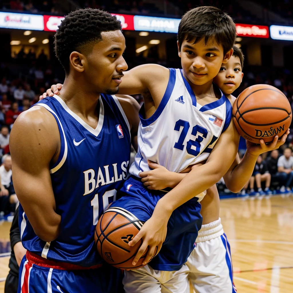 father and  son holding a basketball
