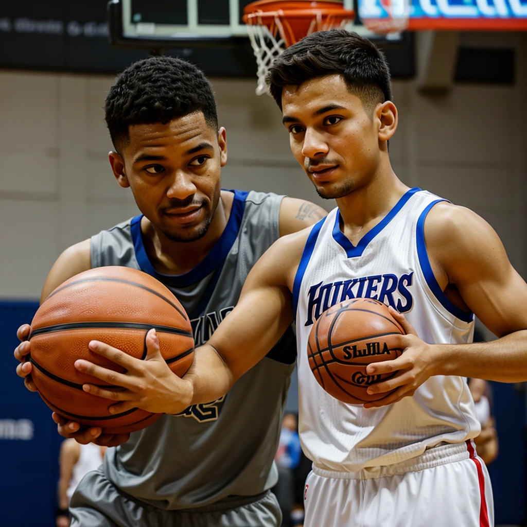father and little son holding a basketball
