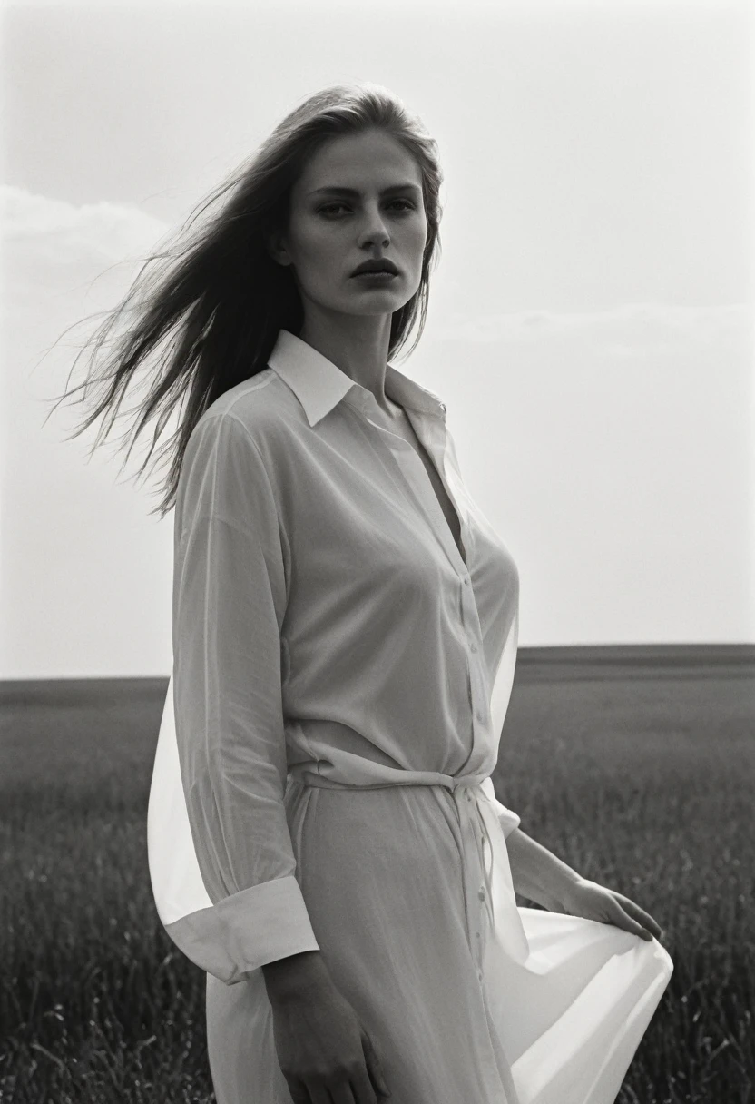 (dark mood masterpiece Photography by Mario Giacomelli:1.2), evil slavic woman, pale skin, long dark blond hair, Stunning b&w 35mm full body photo of a beautiful, perfecteyes, dark circles under eyes, highly detailed skin, (lightest freckles:0.9), standing in a casual pose with her hands on her nipples. wearing (wide-open:1.34) white_silk_shirt. unbuttoned shirt. (nipslip:1.4). a loose-fitting oversized men's unbuttoned shirt, open white business shirt. intricate poses by ruth bernhard. (Photography and style by ruth bernhard). 35mm, Hasselblad. capturing fashion-forward visuals, creating visual impact,evoking emotion,pushing creative boundaries. golden hour, shot from the side, playful pose, god rays,artistic photoshoot
