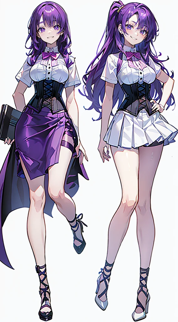 ((Perfect Face)),Purple Hair,long hair,1 female,bartender,(((White shirt with rolled up sleeves)),(corset),(((Tight Skirt))),,High heels,,((Simple White background)),((smile)),((full body))