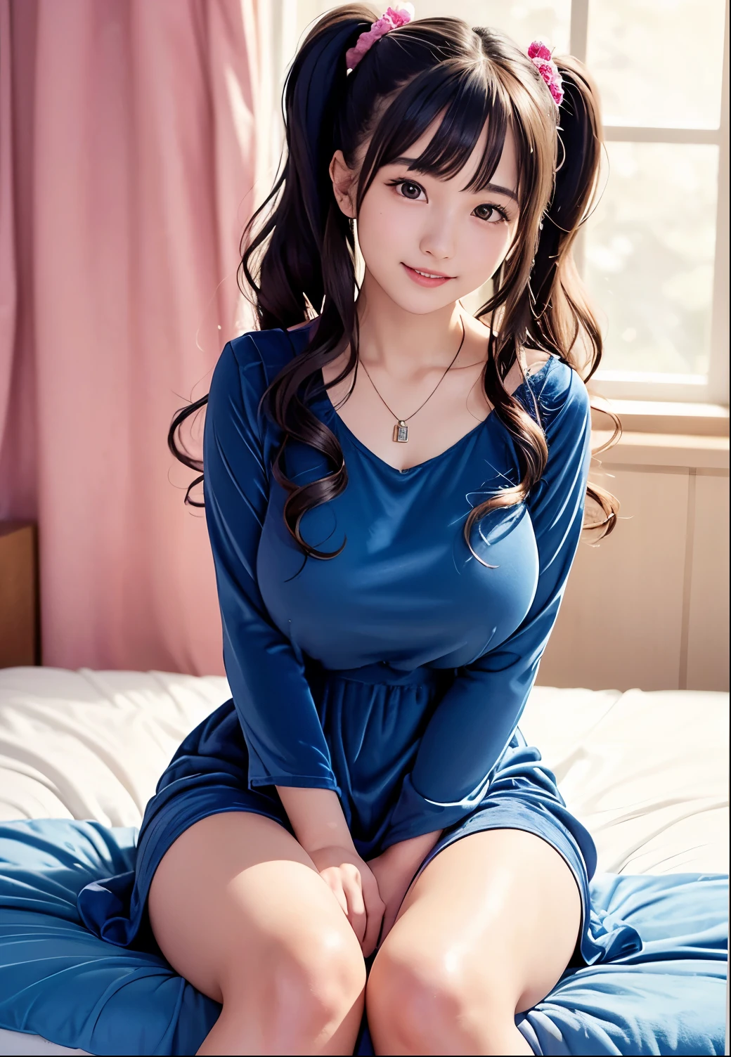 (Highest quality,masterpiece:1.3,Ultra-high resolution),(Very detailed、Caustics) (Realistic:1.4, RAW shooting、)Ultra-Realistic Capture、Very detailed、Natural skin texture、masterpiece、(Japanese girl wearing a blue velvet dress:1.3)、Adorable expression、Expressions of happiness、、Height: 160cm、Young Face、Amazingly cute、Twin tail hairstyle、Curly Hair、Scrunchie、necklace、Black Hair、Heavy makeup、Large breasts、Shining thighs、Filmed inside a sex shop、Pink Curtains、Pink Wallpaper、(Sit on the bed)、Background details、smile、An inviting gaze、Anatomically correct、Attention to detail、Sexy and cute pose、