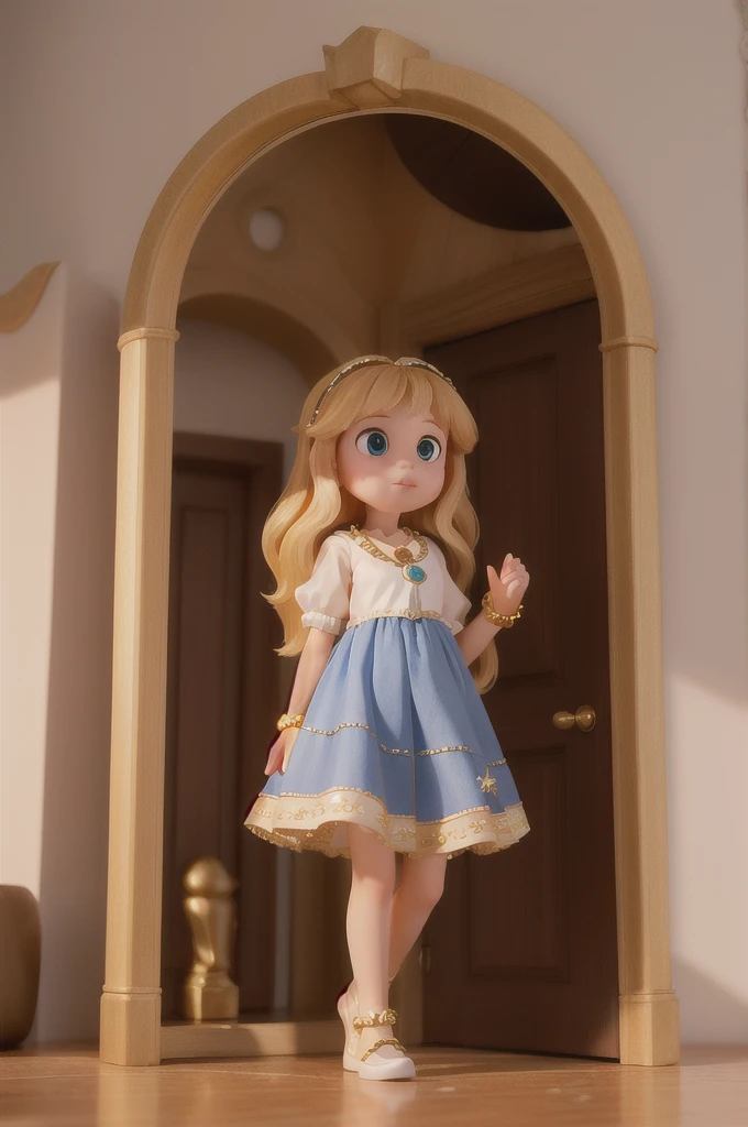 ((best quality,8K,Masterpiece)) (1 girl)) the girl have a 6 there is a with golden hair with beautiful and big brown eyes with white sparkles, she is in her room, and next to her there is a ((portal magic that leads to a new world)), the is wearing a necklace that you can see is special ((portal magic)) ((perfect face))