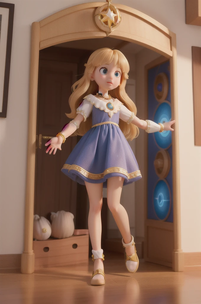 ((best quality,8K,Masterpiece)) (1 girl)) the girl have a 6 years there is a with golden hair with beautiful and big brown eyes with white sparkles, she is in her room, and next to her there is a ((portal magic that leads to a new world)), the is wearing a necklace that you can see is special ((portal magic)) ((perfect face))