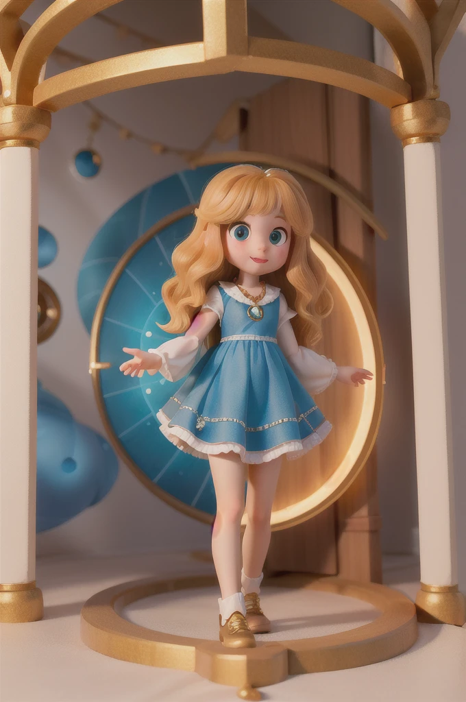 ((best quality,8K,Masterpiece)) (1 girl)) the girl have a 6 there is a with golden hair with beautiful and big brown eyes with white sparkles, she is in her room, and next to her there is a ((portal magic that leads to a new world)), the is wearing a necklace that you can see is special ((portal magic)) ((perfect face))