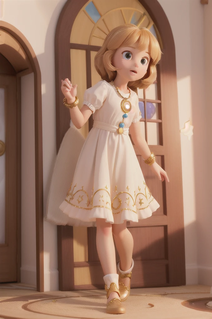 ((best quality,8K,Masterpiece)) (1 girl)) the girl have a 6 years there is a with golden hair with beautiful and big brown eyes with white sparkles, she is in her room, and next to her there is a ((portal magic that leads to a new world)), the is wearing a necklace that you can see is special ((portal magic)) ((perfect face))