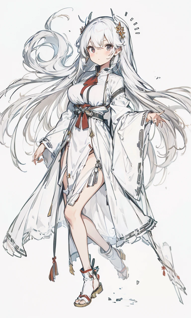 miko dress,big chest,white hair,full body