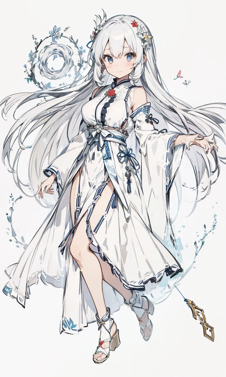 miko dress,big chest,white hair,full body