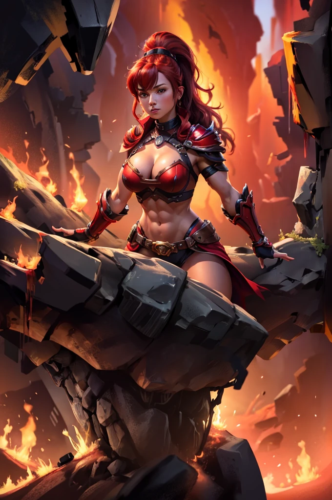 A muscular female warrior battle chasers nightwar red monika with red hair in a high ponytail, wearing a red and gold armored outfit. Her costume includes a form-fitting top and large shoulder guards, with a dark cloak around her neck. The background is dark with orange , adding a dramatic effect. JoeMAD2023,1girl, Red_Monica_v2, large breasts, action pose, 8k, uhd, best quality, cartoon, armor, trending on artstation, vibrant colors, epic fantasy, comic style,red hair, ancient city, toned body, abs,