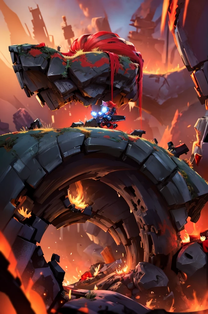 A muscular female warrior battle chasers nightwar red monika with red hair in a high ponytail, wearing a red and gold armored outfit. Her costume includes a form-fitting top and large shoulder guards, with a dark cloak around her neck. The background is dark with orange , adding a dramatic effect. JoeMAD2023,1girl, Red_Monica_v2, large breasts, action pose, 8k, uhd, best quality, cartoon, armor, trending on artstation, vibrant colors, epic fantasy, comic style,red hair, ancient city, toned body, abs,