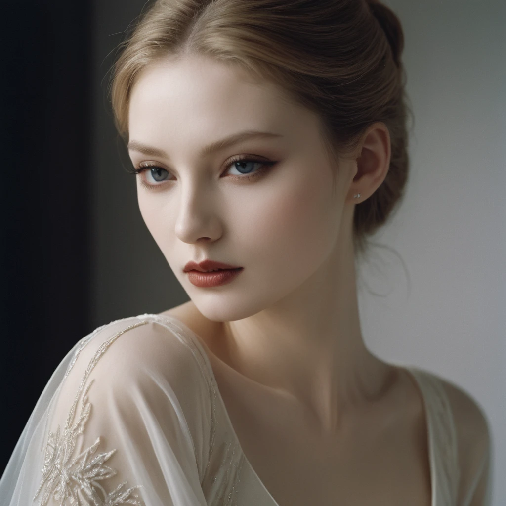 Photograph by Serge Lutens (1.8), pale skin, ((evil slavic woman)), long dark blond hair, in profile, wide angle dim atmosphere, dark atmosphere, stunning, modern, dark, clean, artsy indoor surrounding, casting a dreamlike atmosphere eyes reflect some light, Shiseido-style Vogue-Style 1990s style and setting Various gentle half body poses and angles Consistent facial and body features Photorealistic and highly detailed Artistic and evocative High-quality finish Ensuring vibrant, detailed features Technical details: wide angle lens Selective focus with Kodak film effect: 1.2 Shallow depths of field