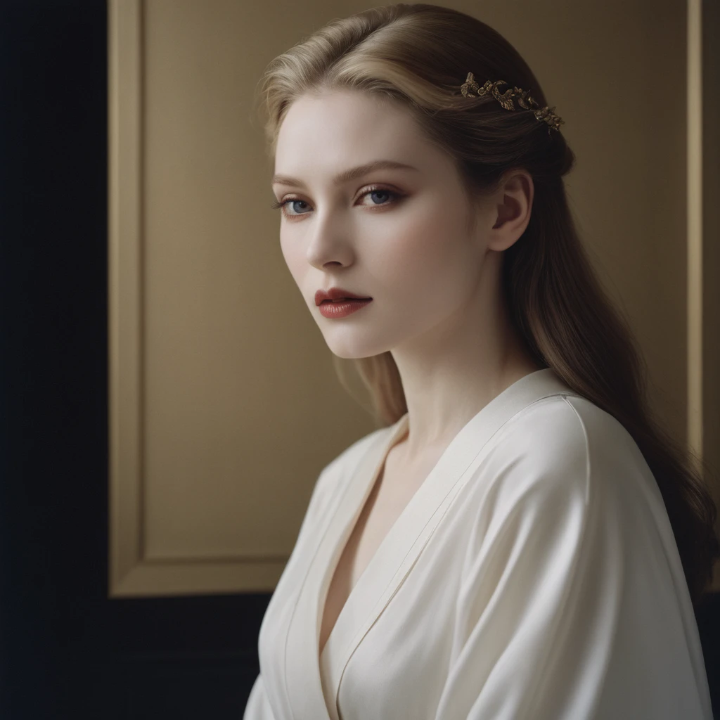 Photograph by Serge Lutens (1.8), pale skin, ((evil slavic woman)), long dark blond hair, in profile, wide angle dim atmosphere, dark atmosphere, stunning, modern, dark, clean, artsy indoor surrounding, casting a dreamlike atmosphere eyes reflect some light, Shiseido-style Vogue-Style 1990s style and setting Various gentle half body poses and angles Consistent facial and body features Photorealistic and highly detailed Artistic and evocative High-quality finish Ensuring vibrant, detailed features Technical details: wide angle lens Selective focus with Kodak film effect: 1.2 Shallow depths of field