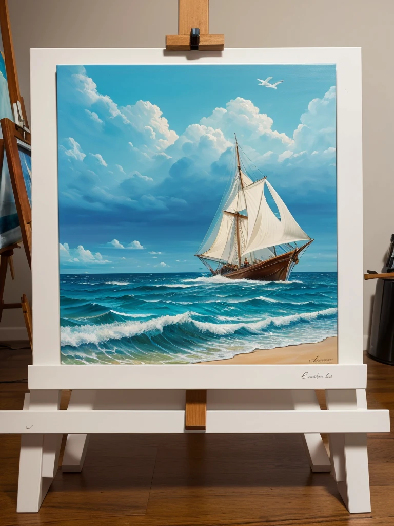 Create a sea-themed piece of art on a medium-sized canvas horizontally on an easel and table filled with paints the same color as the canvas and brushes,