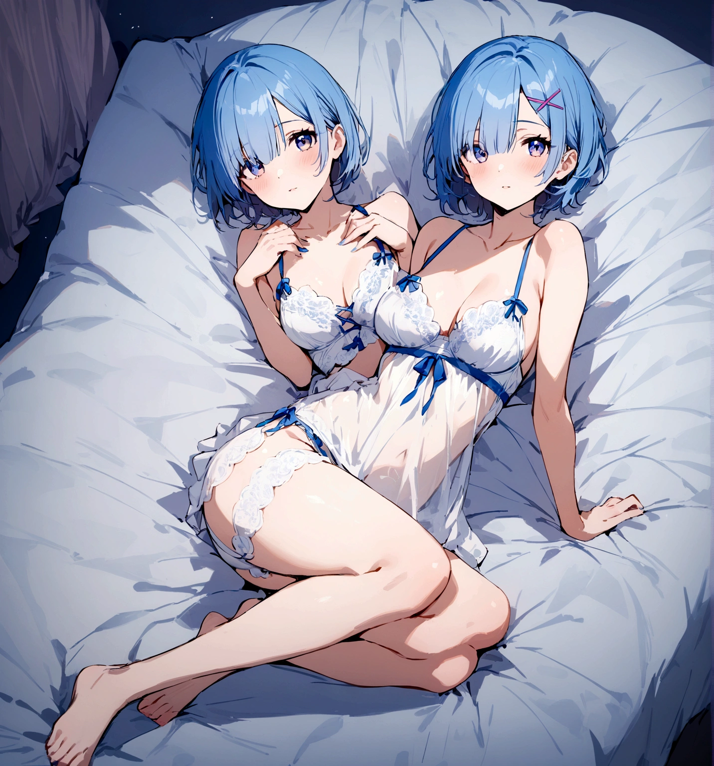 masterpiece, Highest quality, Rem, One girl, lingerie,Beautiful eyes,Blue Hair,whole body