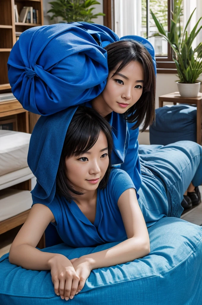 Une chinoise aux yeux bleu  assis sur le canapée 