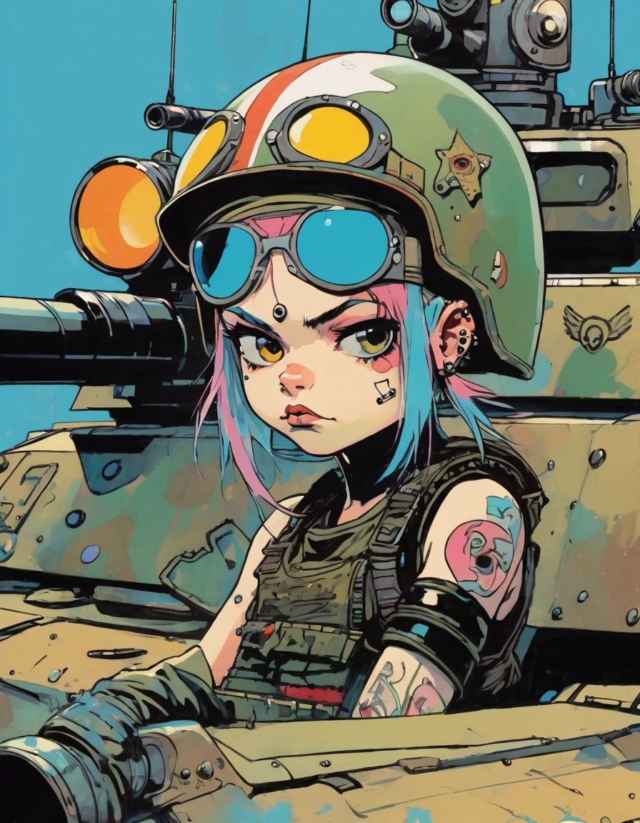 tank girl character, military helmet, piercings, shotgun, in a tank, (art inspired by Skottie Young and Bill Sienkiewicz). oil painting)