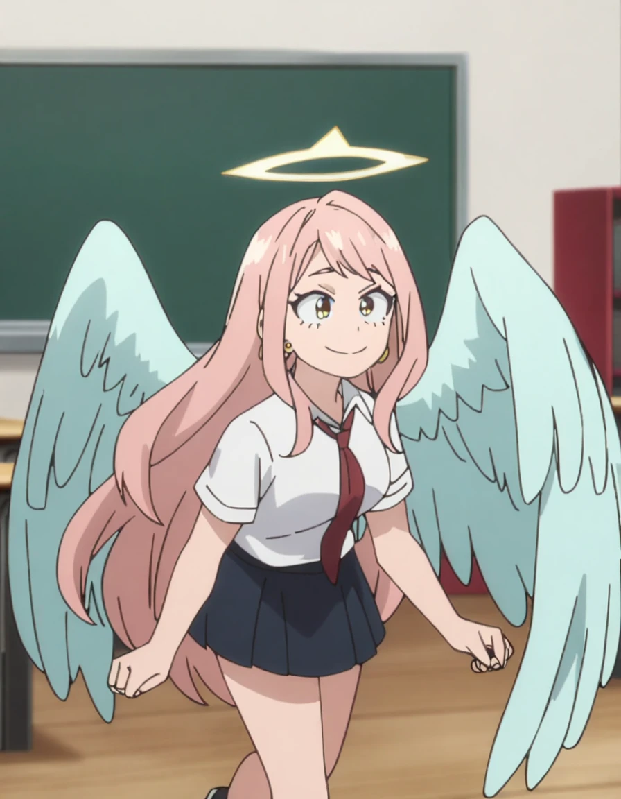 1girl, my hero academia screencap, boku no hero academia, pink hair, gold eyes, smiling, super long hair, cute, wearing white school shirt, red ribbon tie on shirt, in a classroom, cute gold earrings, bangs, , full body, large angel wings on back, halo, short skirt
