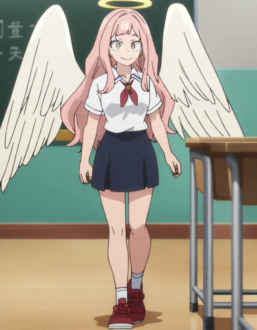 1girl, my hero academia screencap, boku no hero academia, pink hair, gold eyes, smiling, super long hair, cute, wearing white school shirt, red ribbon tie on shirt, in a classroom, cute gold earrings, bangs, , full body, large angel wings on back, halo, short skirt