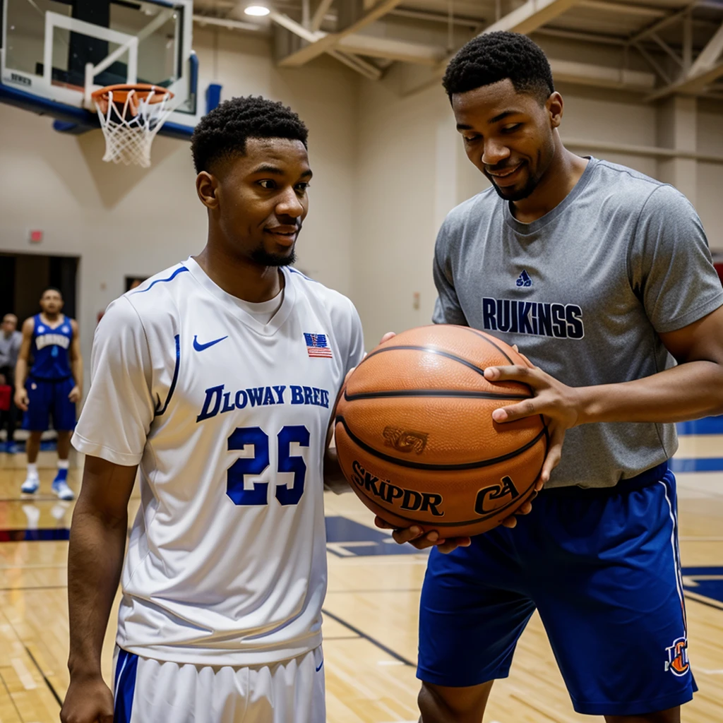 father and little son holding a basketball