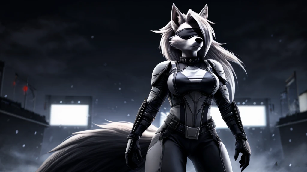 Loona from Helluva Boss, female white wolf, short white hair, blindfold, white combat military armor suit, adult, muscular, standing, dark lighting, extremely detailed, solo, beautiful, high quality, 4K