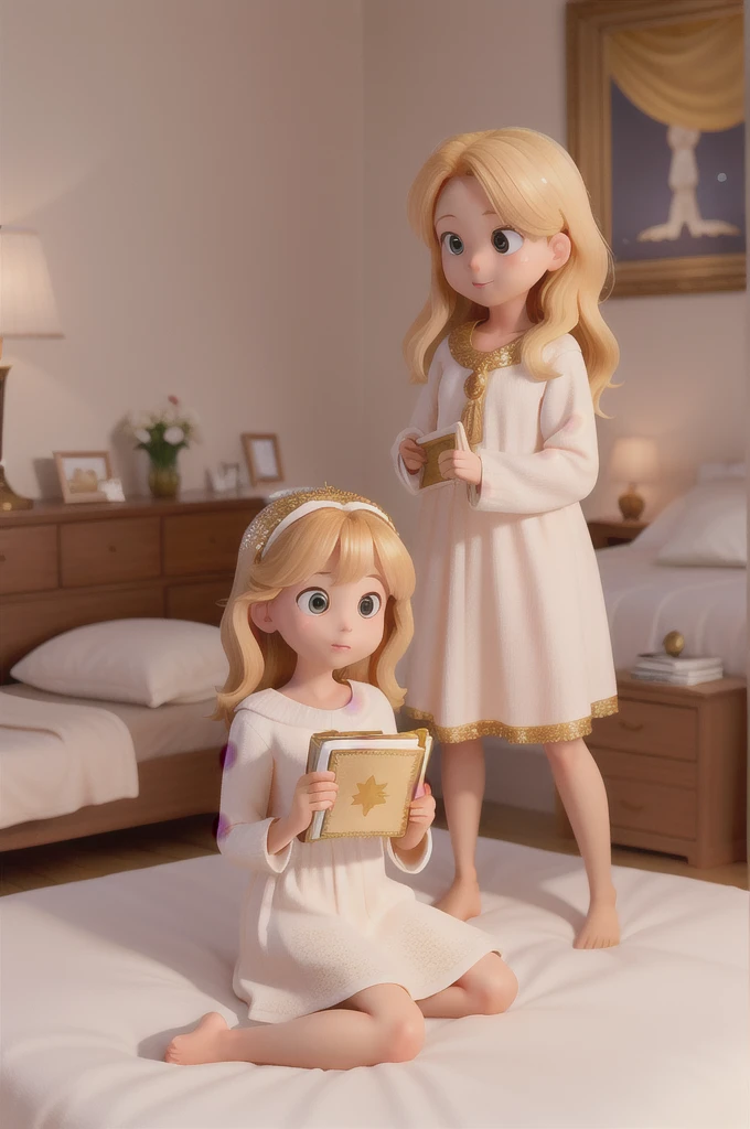 there is a with golden hair with beautiful and big brown eyes with white sparkles, she is in her room, while she is holding a book with a golden cover, she is sitting on the bed, and from the book emanates a golden light