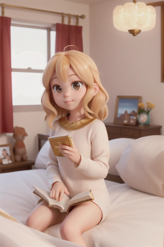 there is a with golden hair with beautiful and big brown eyes with white sparkles, she is in her room, while she is holding a book with a golden cover, she is sitting on the bed, and from the book emanates a golden light
