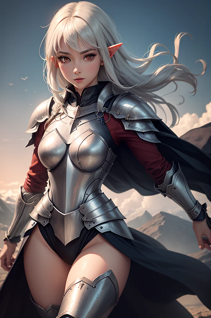 female elf knight, full body art, silver hair, white skin, red eyes, knight armor adorned