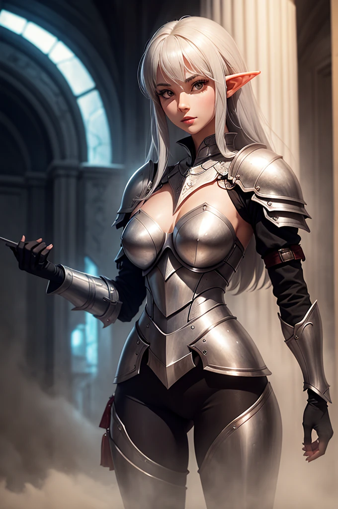 female elf knight, full body art, silver hair, white skin, red eyes, knight armor adorned