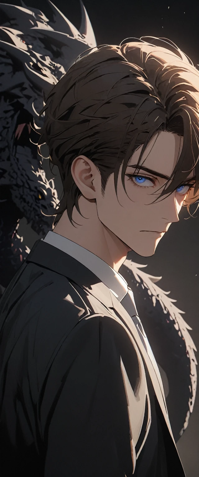 A man in a suit has his back to the camera. Dark portrait. 8K quality., Raw Work, (brown hair),(blue eyes), (Black suit), (background: great black dragon)
