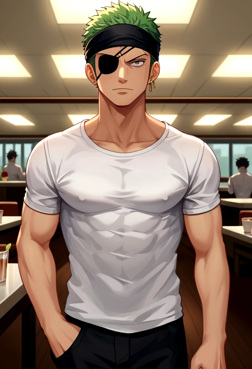 score_9, score_8_up, score_7_up, BREAK, source_anime, 1boy, roronoa zoro, looking at viewer, standing, indoors, restaurant, solo, male focus,black bandana, white shirt, short sleeves, black pants, single earring, roronoazoro, (covered eyes, eye patch), anime screenshot, anime screencap, anime coloring, dramatic composition, cinematic lighting, (masterpiece, best quality, Professional, perfect composition, very aesthetic, absurdres, ultra-detailed, intricate details:1.3)