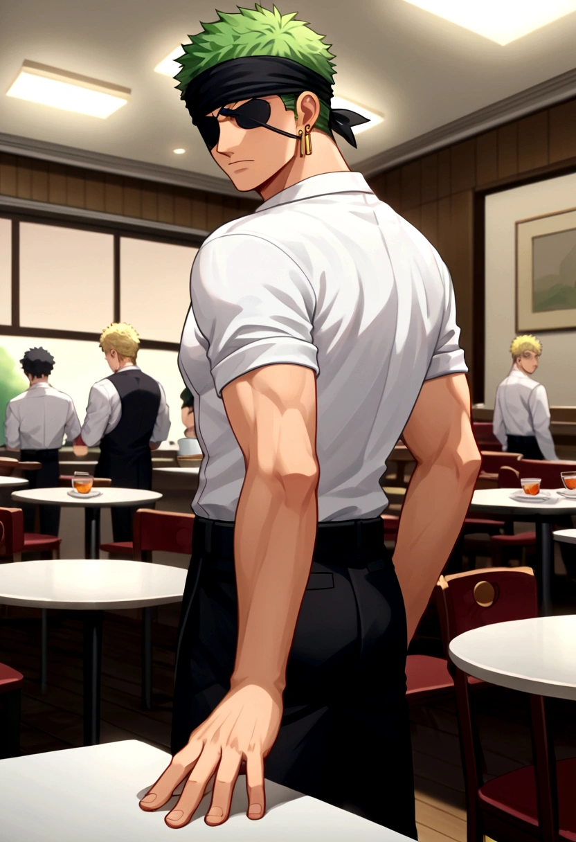 score_9, score_8_up, score_7_up, BREAK, source_anime, 1boy, roronoa zoro, looking at viewer, standing, indoors, restaurant, solo, male focus,black bandana, white shirt, short sleeves, black pants, single earring, roronoazoro, (covered eyes, eye patch), anime screenshot, anime screencap, anime coloring, dramatic composition, cinematic lighting, (masterpiece, best quality, Professional, perfect composition, very aesthetic, absurdres, ultra-detailed, intricate details:1.3)