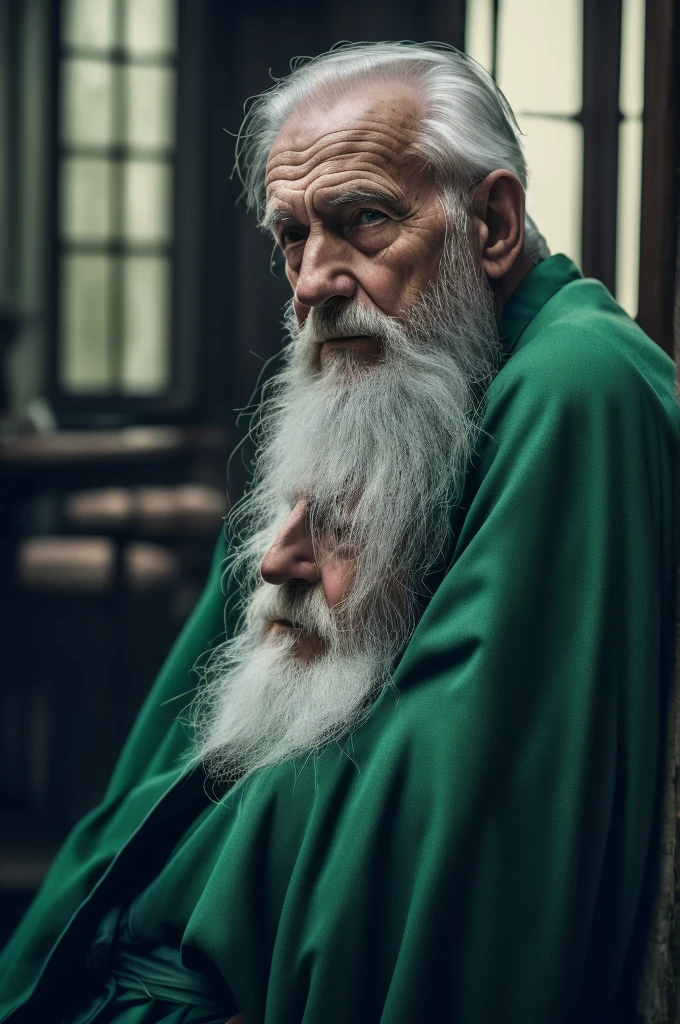 a tired old man with a long white beard wearing a green robe, leaning on a cane, (best quality,4k,8k,highres,masterpiece:1.2),ultra-detailed,(realistic,photorealistic,photo-realistic:1.37),intricate details,cinematic lighting,natural skin tones,highly detailed facial features,beautiful ornate robe,elderly man portrait,dramatic lighting,depth of field,cinematic composition,moody atmosphere