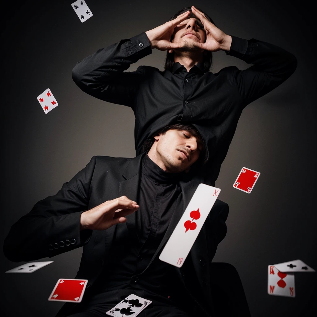 Magician in black clothes with his head down raising his hands and playing cards flying around him