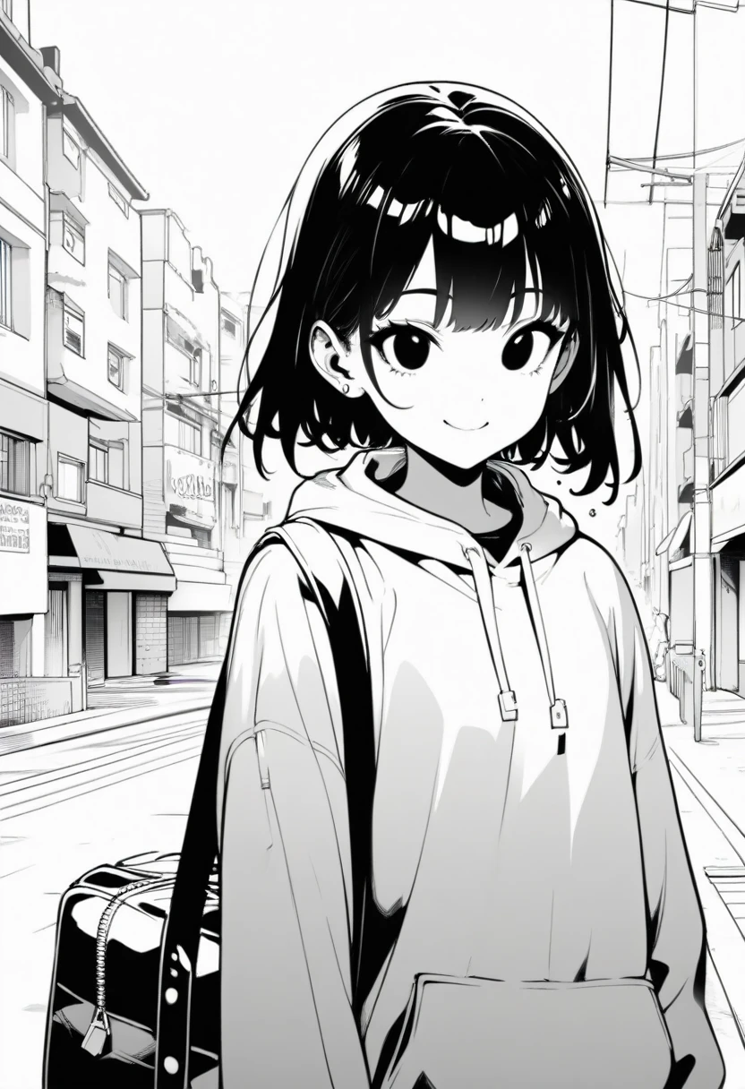 ​masterpiece, best quality 1girl, grayscale, style: manga, black eyes, street, iced, black hair, schoolbag, smile, lineart, white background
