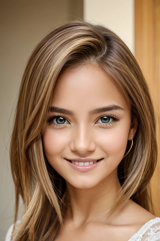 Linda garota de 18 anos, olhos grandes, seios grandes, pequeno e esguio, 8K, maximum quality, (very detailed head: 1.0), (Rosto muito detalhado: 1.0), (cabelo muito detalhado: 1.0), Roupas de empregada, arte oficial muito detalhada, estilo de arte anime moe, arte de anime limpa e detalhada, Sorriso, cabelos dourados, cabelos longos e lisos