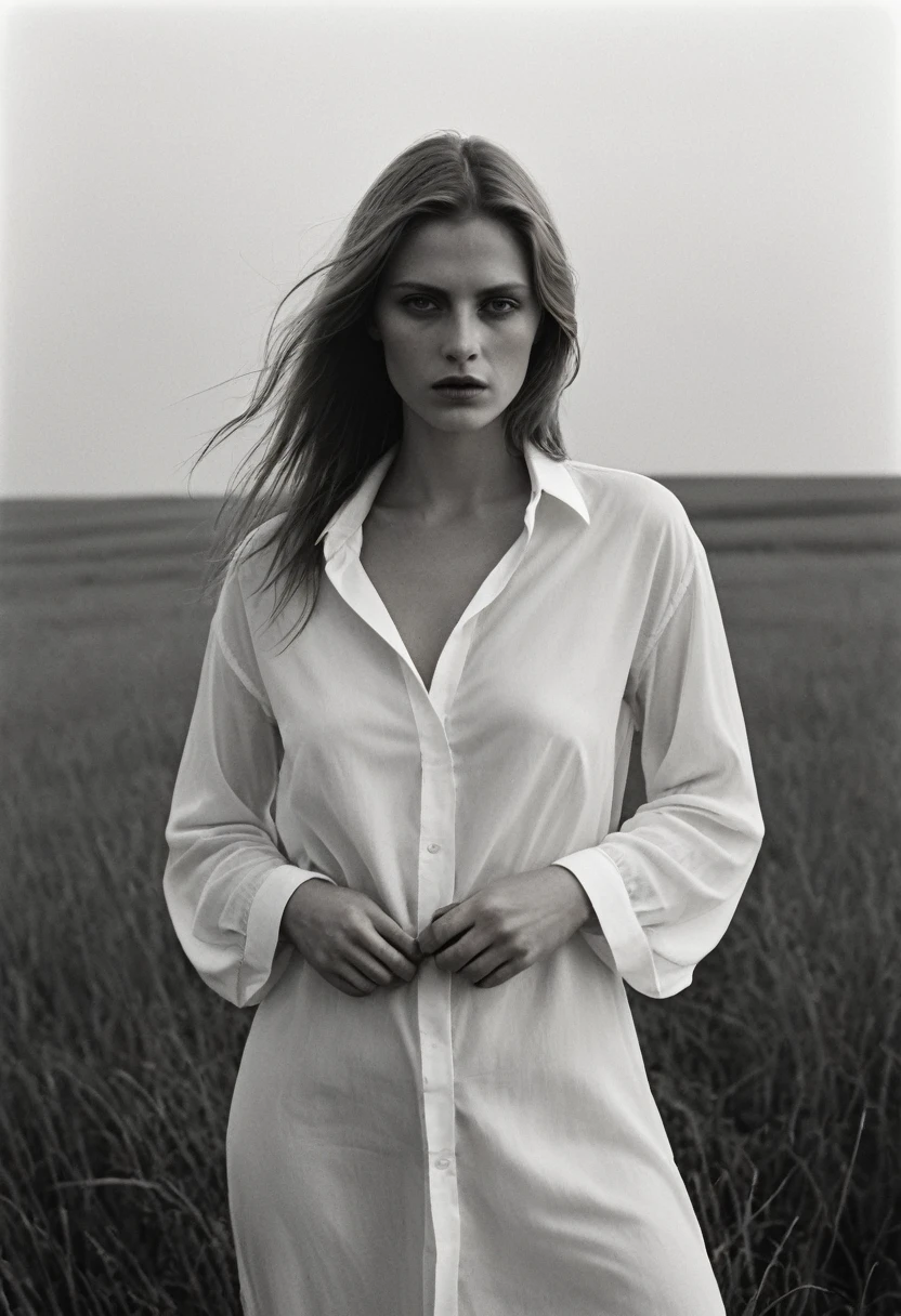 (dark mood masterpiece Photography by Mario Giacomelli:1.2), evil slavic woman, pale skin, long dark blond hair, Stunning b&w 35mm full body photo of a beautiful, perfecteyes, dark circles under eyes, highly detailed skin, (lightest freckles:0.9), standing in a casual pose with her hands on her nipples. wearing (wide-open:1.34) white_silk_shirt. unbuttoned shirt. (nipslip:1.4). a loose-fitting oversized men's unbuttoned shirt, open white business shirt. intricate poses by ruth bernhard. (Photography and style by ruth bernhard). 35mm, Hasselblad. capturing fashion-forward visuals, creating visual impact,evoking emotion,pushing creative boundaries. golden hour, shot from the side, playful pose, god rays,artistic photoshoot