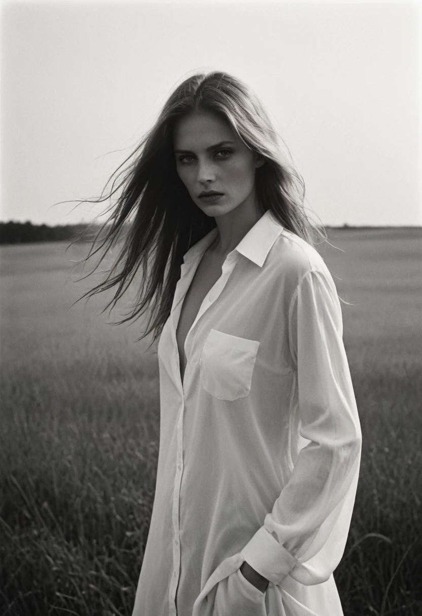(dark mood masterpiece Photography by Mario Giacomelli:1.2), evil slavic woman, pale skin, long dark blond hair, Stunning b&w 35mm full body photo of a beautiful, perfecteyes, dark circles under eyes, highly detailed skin, (lightest freckles:0.9), standing in a casual pose with her hands on her nipples. wearing (wide-open:1.34) white_silk_shirt. unbuttoned shirt. (nipslip:1.4). a loose-fitting oversized men's unbuttoned shirt, open white business shirt. intricate poses by ruth bernhard. (Photography and style by ruth bernhard). 35mm, Hasselblad. capturing fashion-forward visuals, creating visual impact,evoking emotion,pushing creative boundaries. golden hour, shot from the side, playful pose, god rays,artistic photoshoot