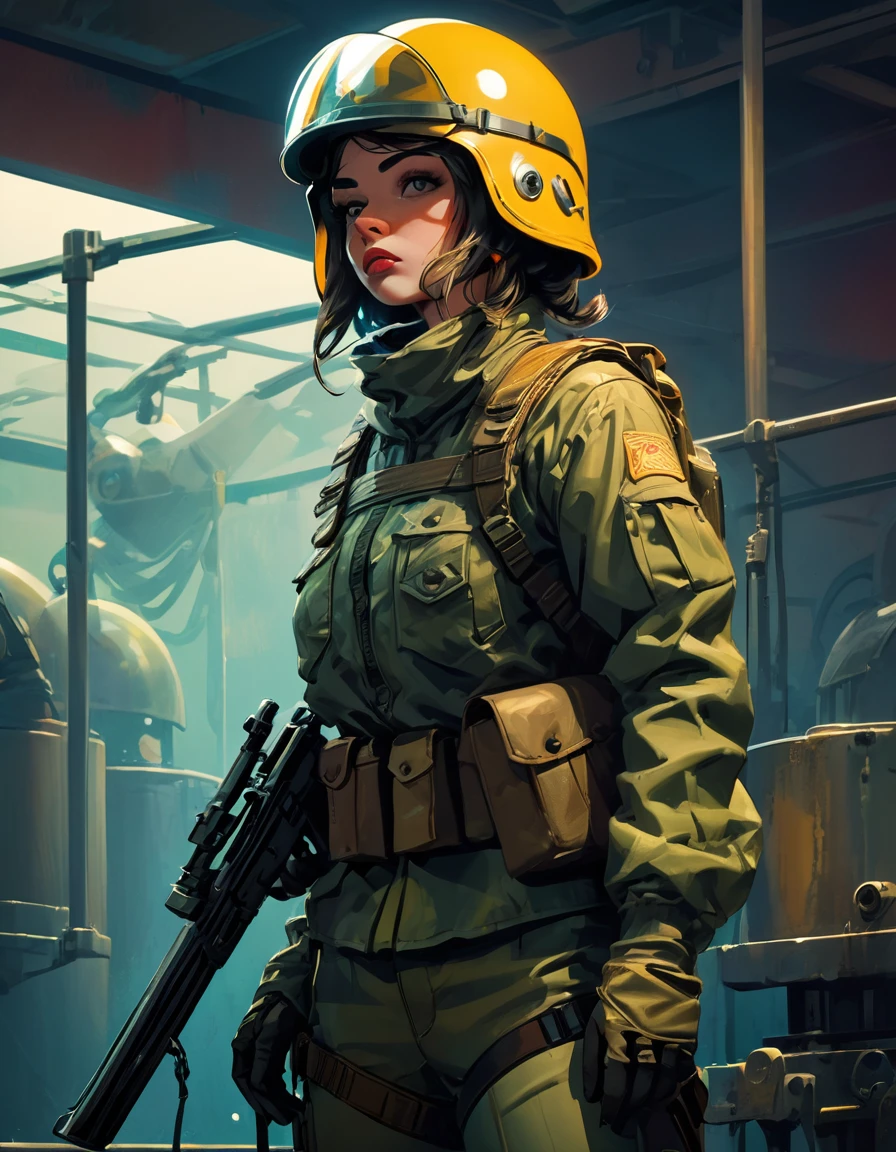 detailed female character in military helmet, piercings, holding shotgun, standing in tank, masterpiece, oil painting, art inspired by Skottie Young and Bill Sienkiewicz, highly detailed, photorealistic, 8k, best quality, dynamic pose, vivid colors, dramatic lighting, gritty texture, cinematic composition