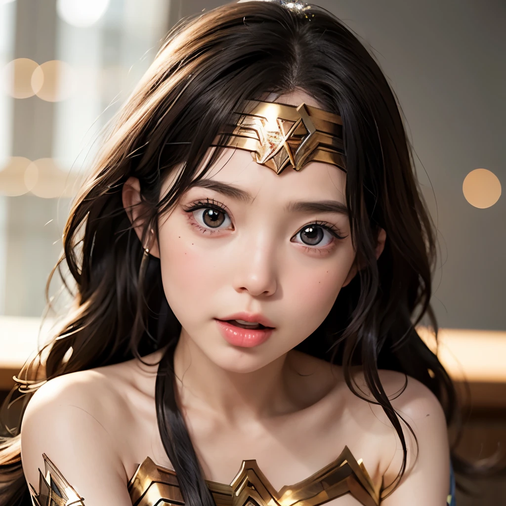 NSFW, 8k, High-level, absurd, masterpiece, best quality, primitive, very detailed CG, very detailed wallpaper, perfect lighting, Extremely detailed (((The personifying " Wonder Woman " as a ))), MysticSight, Tyndall effect, Tyndall scattering, Studio gray background with (many Dazzling RainbowColor particles BokeH:1.28), (RoundlyButts, ThighGap), (Exposed:0.4), (Assfocus with looking ahead), BREAK (NOGIZAKA face variations) Extremely Detailed very KAWAII face variations, perfect anatomy, Childish, captivating gaze, elaborate detailed Eyes with (sparkling highlights:1.28), long eyelashes、Glossy RED Lips with beautiful details, Coquettish tongue, Rosy cheeks, Radiant PearlSkin with clear transparency . { (Dynamic LifeLike expressions:1.4) | :d) }, (large eyes:-1) .